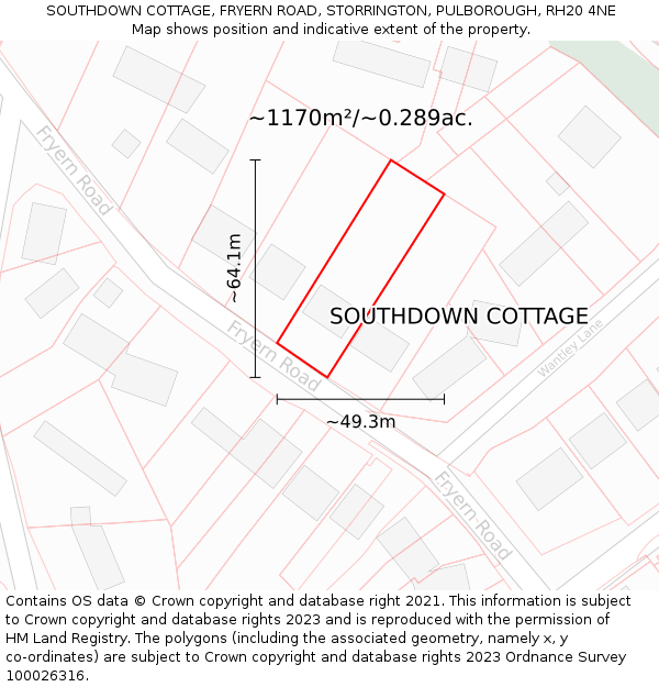 SOUTHDOWN COTTAGE, FRYERN ROAD, STORRINGTON, PULBOROUGH, RH20 4NE: Plot and title map