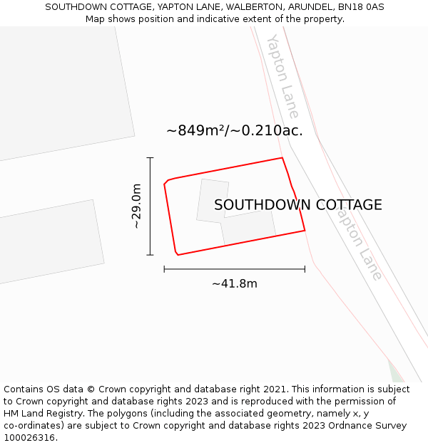 SOUTHDOWN COTTAGE, YAPTON LANE, WALBERTON, ARUNDEL, BN18 0AS: Plot and title map