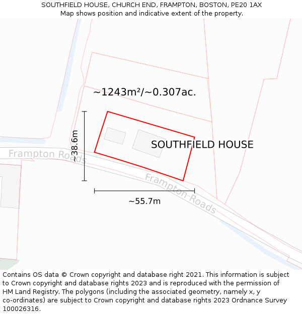 SOUTHFIELD HOUSE, CHURCH END, FRAMPTON, BOSTON, PE20 1AX: Plot and title map