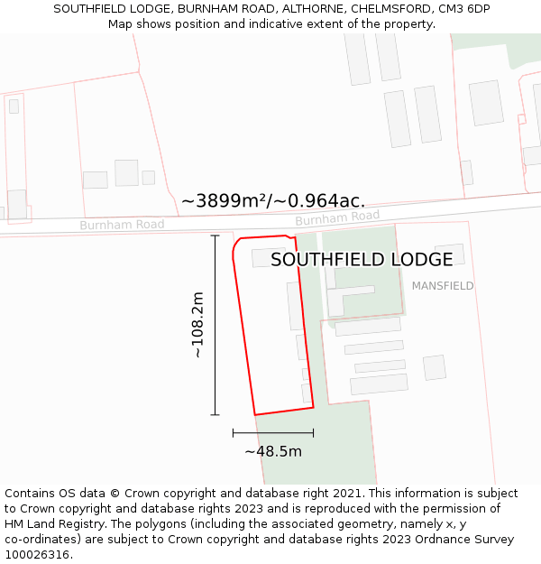 SOUTHFIELD LODGE, BURNHAM ROAD, ALTHORNE, CHELMSFORD, CM3 6DP: Plot and title map