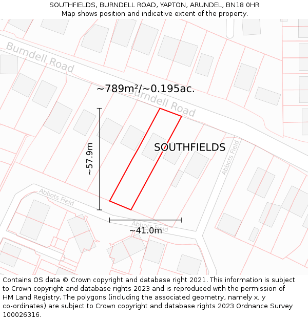 SOUTHFIELDS, BURNDELL ROAD, YAPTON, ARUNDEL, BN18 0HR: Plot and title map