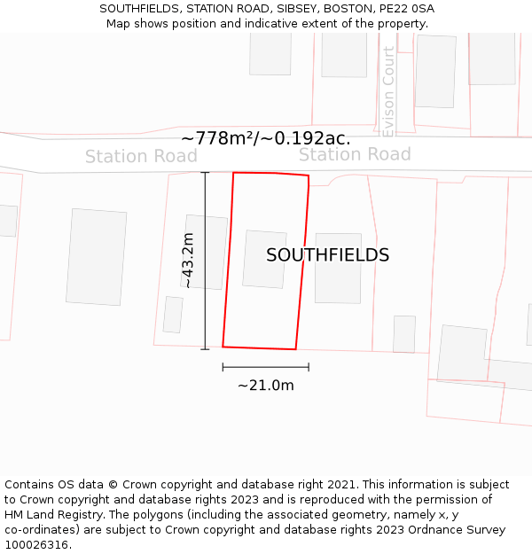 SOUTHFIELDS, STATION ROAD, SIBSEY, BOSTON, PE22 0SA: Plot and title map