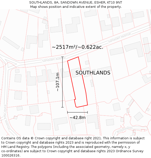 SOUTHLANDS, 8A, SANDOWN AVENUE, ESHER, KT10 9NT: Plot and title map