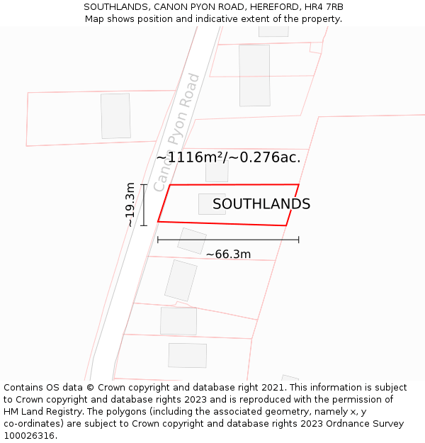 SOUTHLANDS, CANON PYON ROAD, HEREFORD, HR4 7RB: Plot and title map