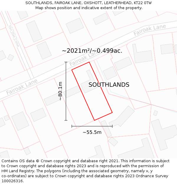 SOUTHLANDS, FAIROAK LANE, OXSHOTT, LEATHERHEAD, KT22 0TW: Plot and title map