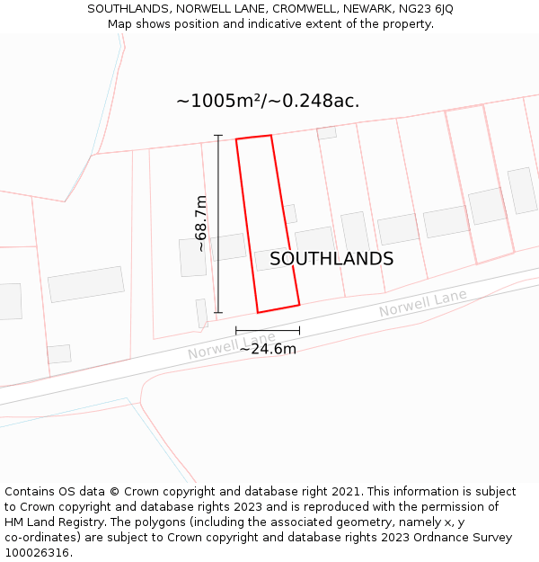 SOUTHLANDS, NORWELL LANE, CROMWELL, NEWARK, NG23 6JQ: Plot and title map