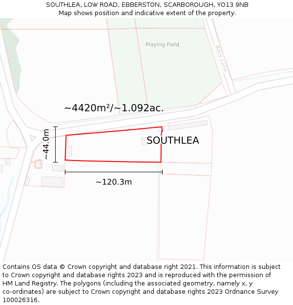 SOUTHLEA, LOW ROAD, EBBERSTON, SCARBOROUGH, YO13 9NB: Plot and title map