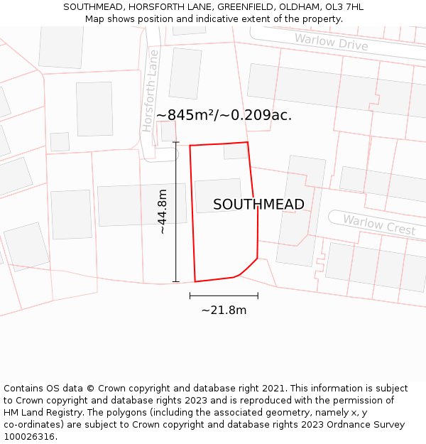 SOUTHMEAD, HORSFORTH LANE, GREENFIELD, OLDHAM, OL3 7HL: Plot and title map