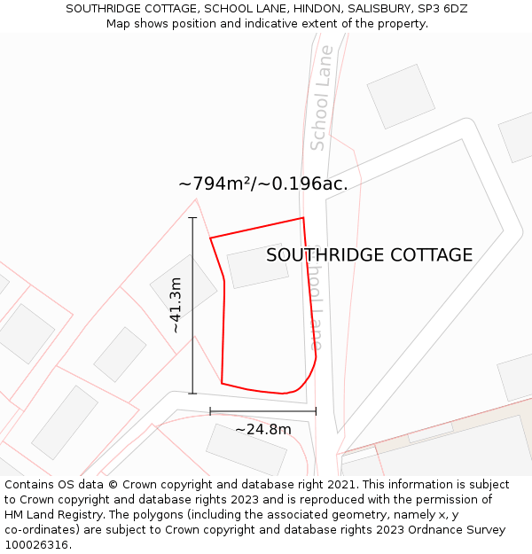 SOUTHRIDGE COTTAGE, SCHOOL LANE, HINDON, SALISBURY, SP3 6DZ: Plot and title map