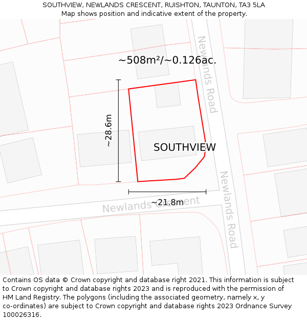 SOUTHVIEW, NEWLANDS CRESCENT, RUISHTON, TAUNTON, TA3 5LA: Plot and title map