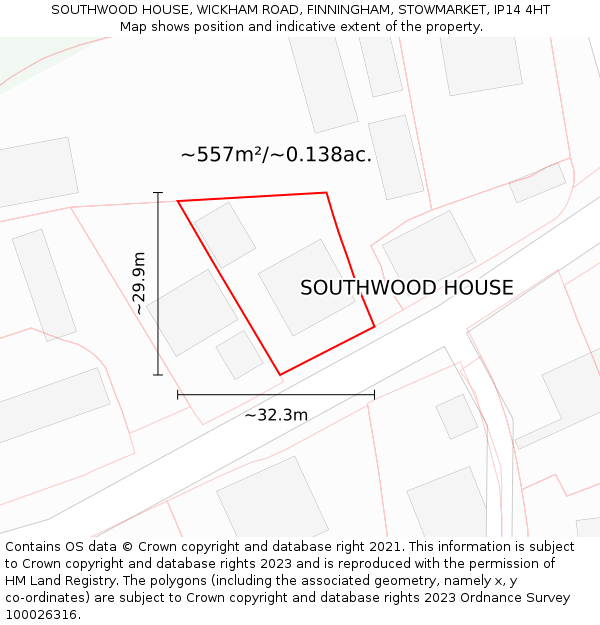 SOUTHWOOD HOUSE, WICKHAM ROAD, FINNINGHAM, STOWMARKET, IP14 4HT: Plot and title map