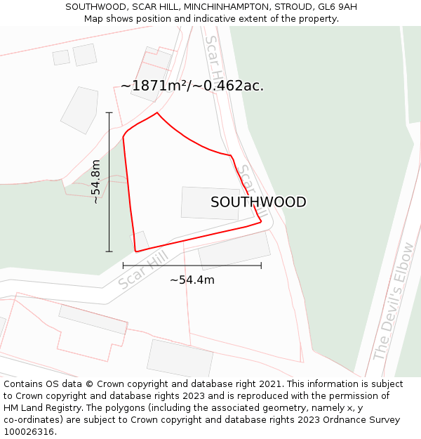SOUTHWOOD, SCAR HILL, MINCHINHAMPTON, STROUD, GL6 9AH: Plot and title map