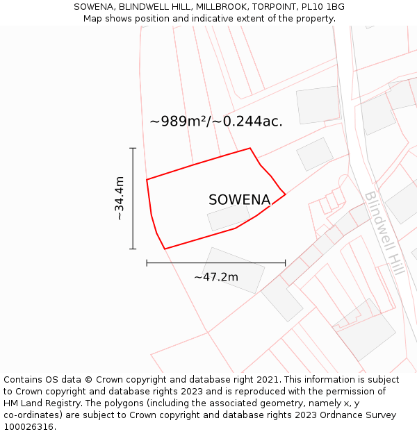 SOWENA, BLINDWELL HILL, MILLBROOK, TORPOINT, PL10 1BG: Plot and title map