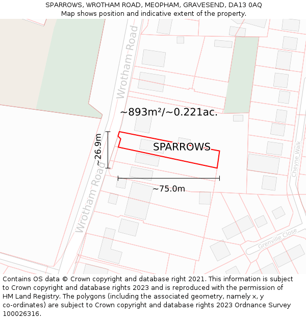 SPARROWS, WROTHAM ROAD, MEOPHAM, GRAVESEND, DA13 0AQ: Plot and title map