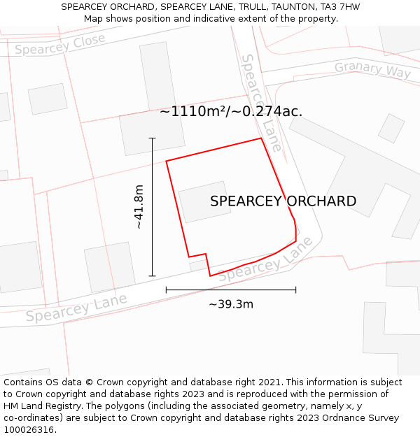 SPEARCEY ORCHARD, SPEARCEY LANE, TRULL, TAUNTON, TA3 7HW: Plot and title map