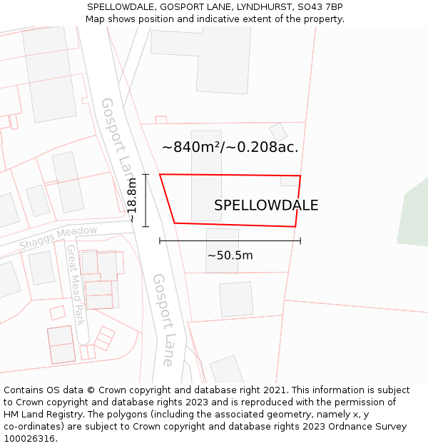 SPELLOWDALE, GOSPORT LANE, LYNDHURST, SO43 7BP: Plot and title map