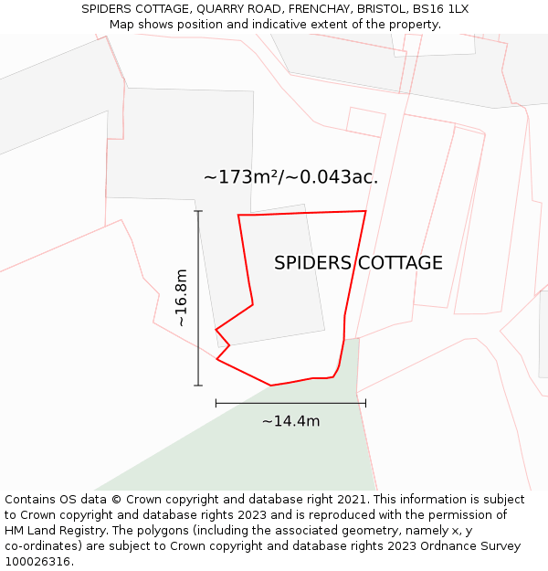 SPIDERS COTTAGE, QUARRY ROAD, FRENCHAY, BRISTOL, BS16 1LX: Plot and title map