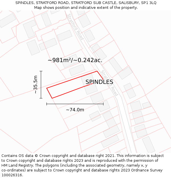 SPINDLES, STRATFORD ROAD, STRATFORD SUB CASTLE, SALISBURY, SP1 3LQ: Plot and title map