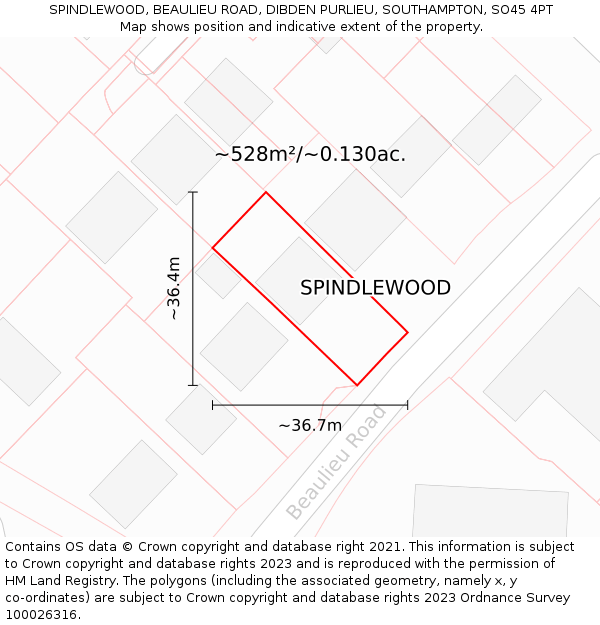 SPINDLEWOOD, BEAULIEU ROAD, DIBDEN PURLIEU, SOUTHAMPTON, SO45 4PT: Plot and title map