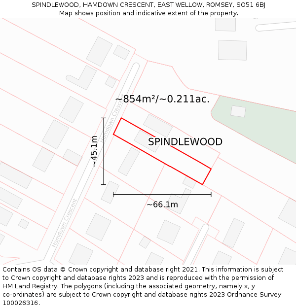 SPINDLEWOOD, HAMDOWN CRESCENT, EAST WELLOW, ROMSEY, SO51 6BJ: Plot and title map