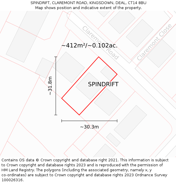 SPINDRIFT, CLAREMONT ROAD, KINGSDOWN, DEAL, CT14 8BU: Plot and title map