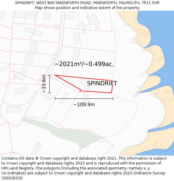 SPINDRIFT, WEST BAY MAENPORTH ROAD, MAENPORTH, FALMOUTH, TR11 5HP: Plot and title map