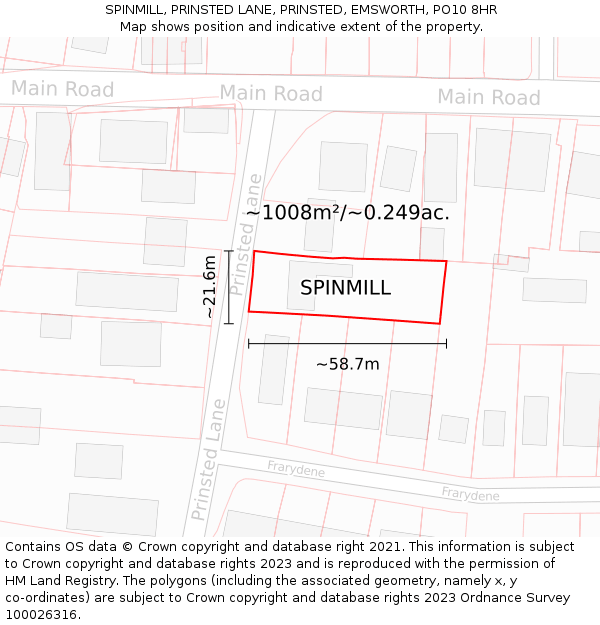 SPINMILL, PRINSTED LANE, PRINSTED, EMSWORTH, PO10 8HR: Plot and title map