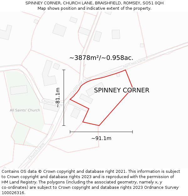 SPINNEY CORNER, CHURCH LANE, BRAISHFIELD, ROMSEY, SO51 0QH: Plot and title map