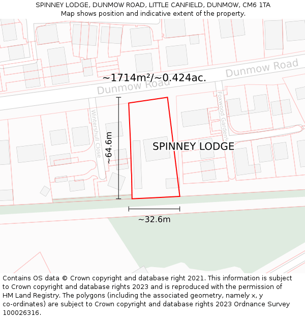 SPINNEY LODGE, DUNMOW ROAD, LITTLE CANFIELD, DUNMOW, CM6 1TA: Plot and title map