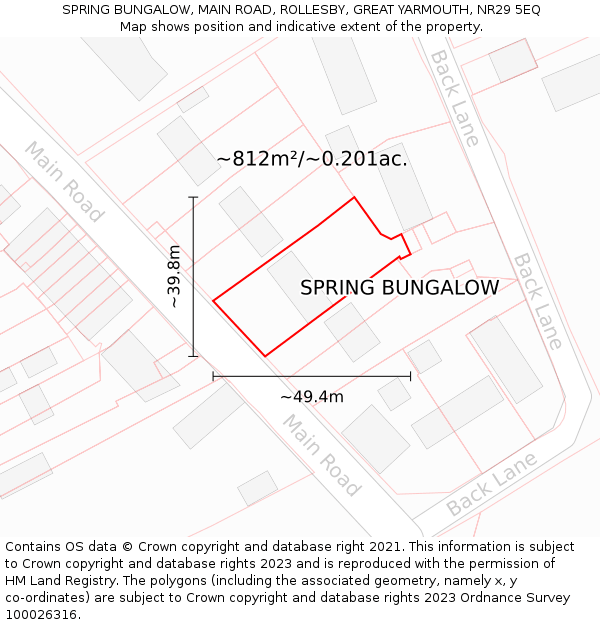 SPRING BUNGALOW, MAIN ROAD, ROLLESBY, GREAT YARMOUTH, NR29 5EQ: Plot and title map