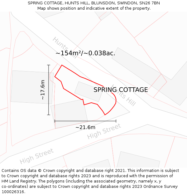 SPRING COTTAGE, HUNTS HILL, BLUNSDON, SWINDON, SN26 7BN: Plot and title map