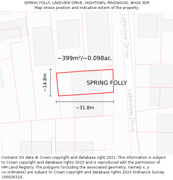 SPRING FOLLY, LAKEVIEW DRIVE, HIGHTOWN, RINGWOOD, BH24 3DR: Plot and title map