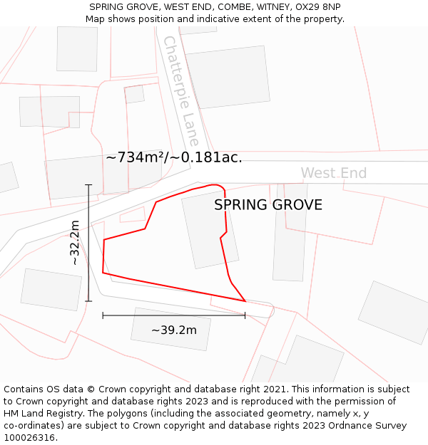 SPRING GROVE, WEST END, COMBE, WITNEY, OX29 8NP: Plot and title map