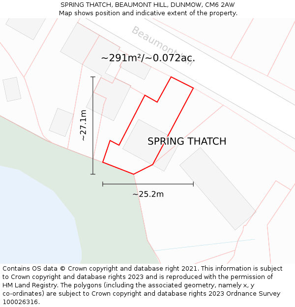 SPRING THATCH, BEAUMONT HILL, DUNMOW, CM6 2AW: Plot and title map