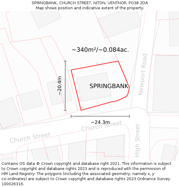 SPRINGBANK, CHURCH STREET, NITON, VENTNOR, PO38 2DA: Plot and title map