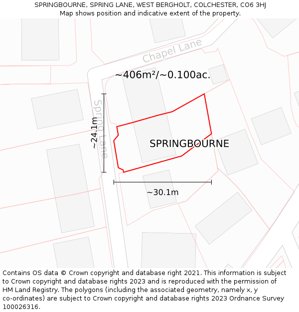 SPRINGBOURNE, SPRING LANE, WEST BERGHOLT, COLCHESTER, CO6 3HJ: Plot and title map