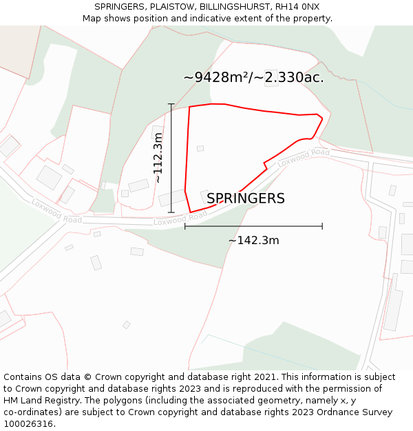 SPRINGERS, PLAISTOW, BILLINGSHURST, RH14 0NX: Plot and title map