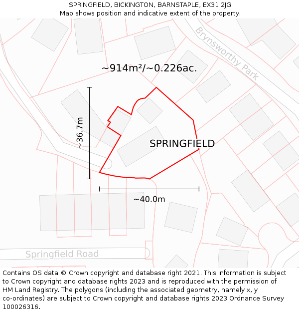 SPRINGFIELD, BICKINGTON, BARNSTAPLE, EX31 2JG: Plot and title map
