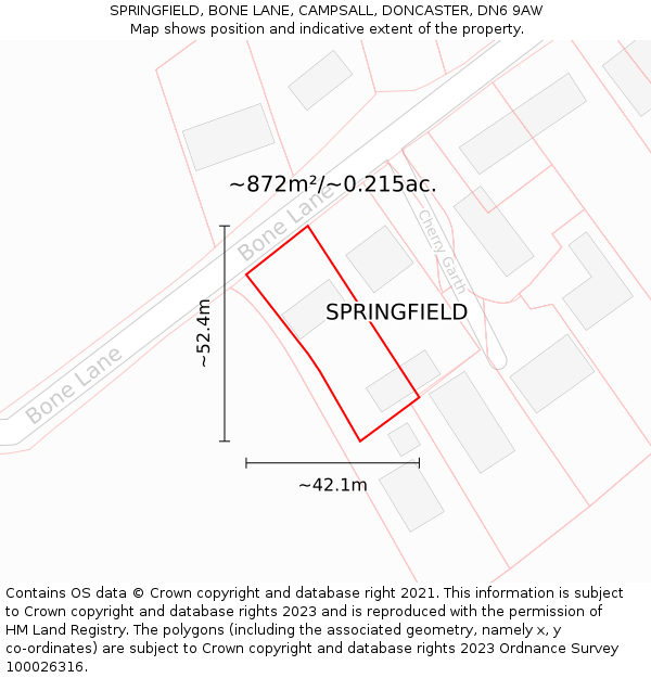 SPRINGFIELD, BONE LANE, CAMPSALL, DONCASTER, DN6 9AW: Plot and title map