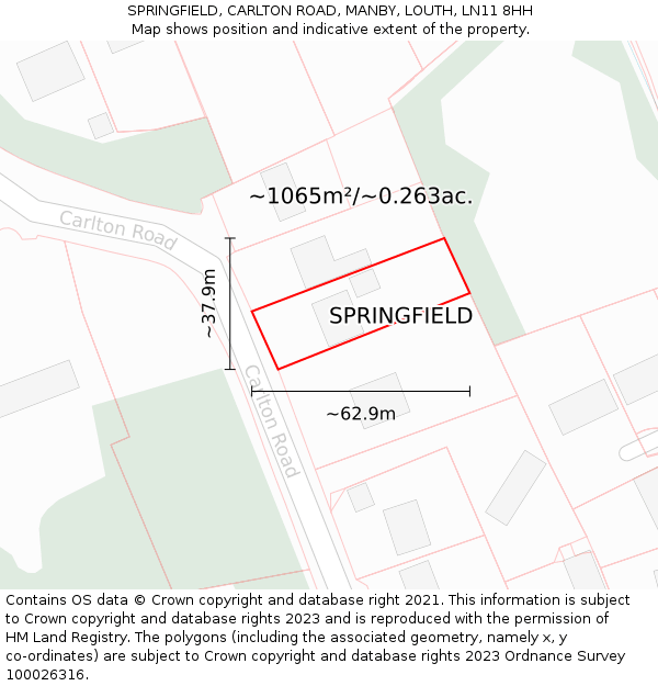 SPRINGFIELD, CARLTON ROAD, MANBY, LOUTH, LN11 8HH: Plot and title map