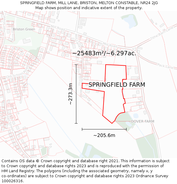 SPRINGFIELD FARM, MILL LANE, BRISTON, MELTON CONSTABLE, NR24 2JG: Plot and title map