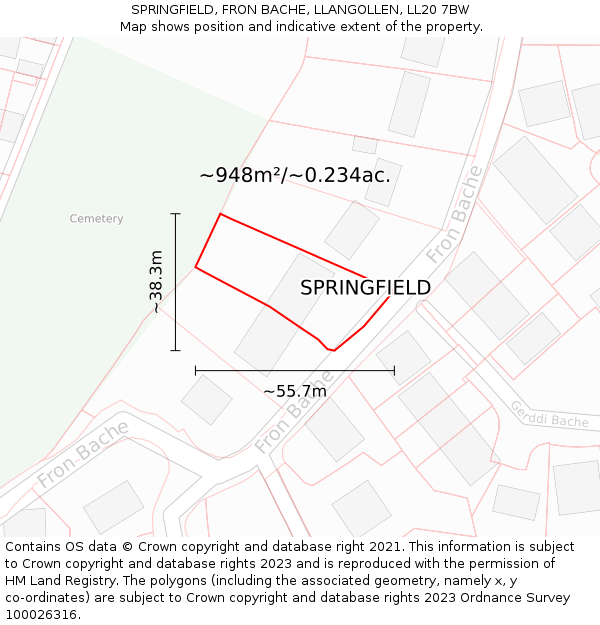 SPRINGFIELD, FRON BACHE, LLANGOLLEN, LL20 7BW: Plot and title map