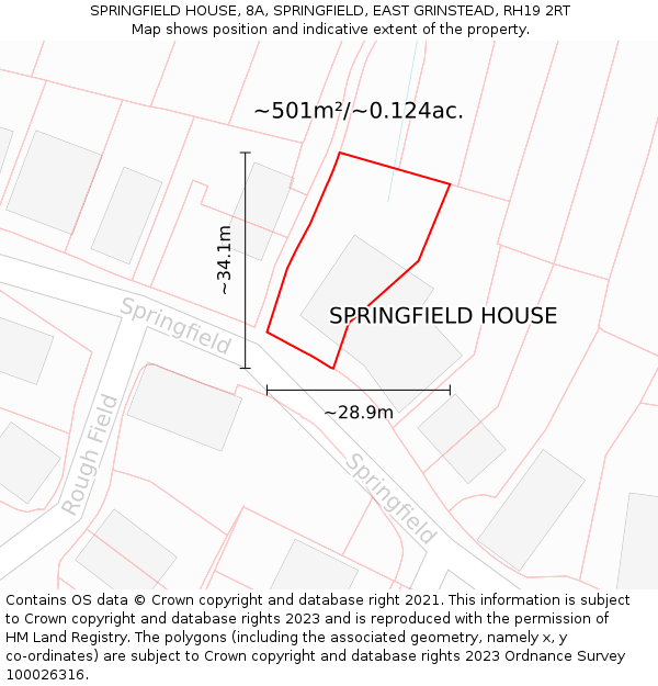 SPRINGFIELD HOUSE, 8A, SPRINGFIELD, EAST GRINSTEAD, RH19 2RT: Plot and title map