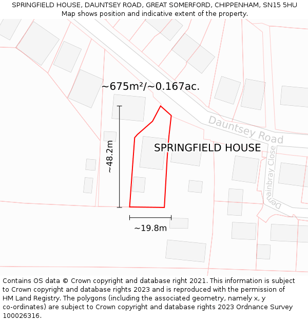 SPRINGFIELD HOUSE, DAUNTSEY ROAD, GREAT SOMERFORD, CHIPPENHAM, SN15 5HU: Plot and title map