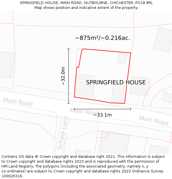 SPRINGFIELD HOUSE, MAIN ROAD, NUTBOURNE, CHICHESTER, PO18 8RL: Plot and title map