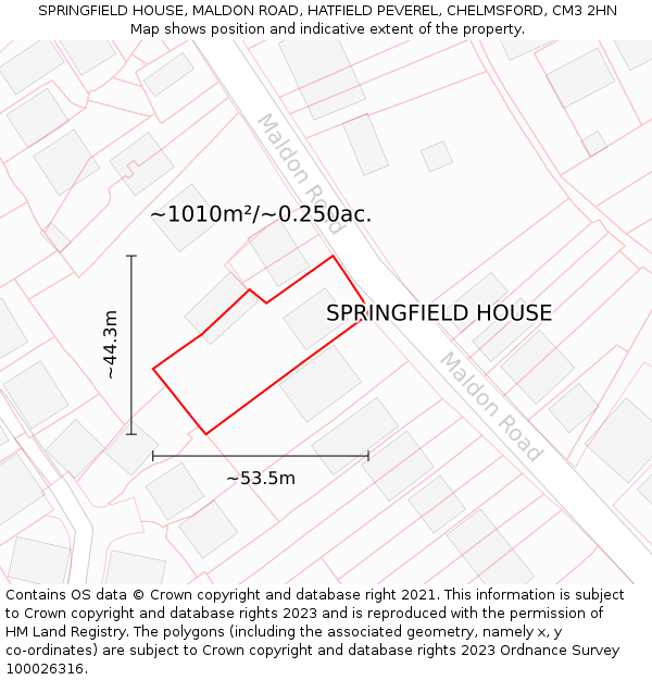 SPRINGFIELD HOUSE, MALDON ROAD, HATFIELD PEVEREL, CHELMSFORD, CM3 2HN: Plot and title map