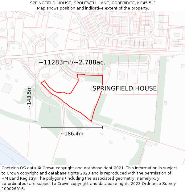 SPRINGFIELD HOUSE, SPOUTWELL LANE, CORBRIDGE, NE45 5LF: Plot and title map