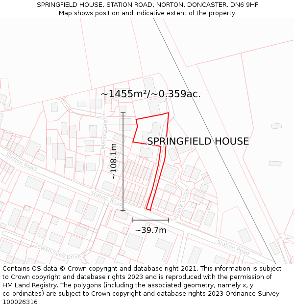 SPRINGFIELD HOUSE, STATION ROAD, NORTON, DONCASTER, DN6 9HF: Plot and title map