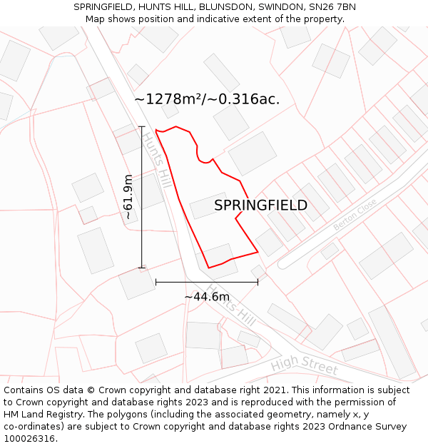 SPRINGFIELD, HUNTS HILL, BLUNSDON, SWINDON, SN26 7BN: Plot and title map