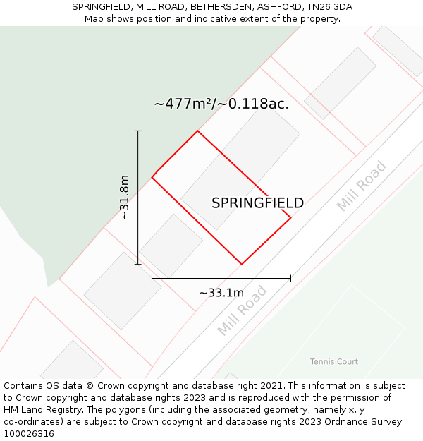 SPRINGFIELD, MILL ROAD, BETHERSDEN, ASHFORD, TN26 3DA: Plot and title map